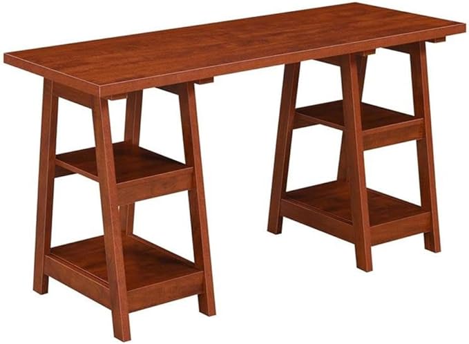 Pemberly Row Modern Double Trestle Desk Warm Cherry Wood Finish Spacious 54 in x 20 in Desktop with 4 Fixed Shelves Particle Board and MDF Home Office Desk for Studying or Working