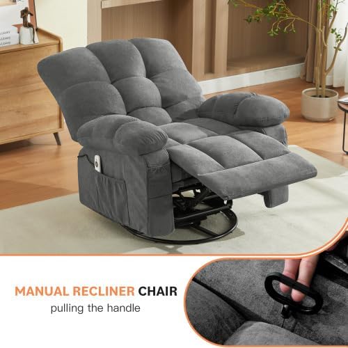 Oversized Recliner Chair for Adults w/ 8-Point 3D Kneading Massage and Lumbar Heating Swivel Rocker Recliner w/USB Charge Port for Living Room Ergonomic Lazy Boy Single Sofa Chair (Gray New)