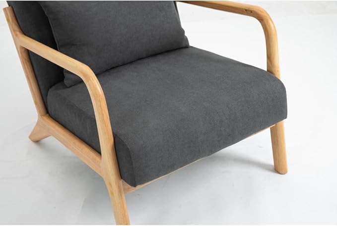 Mid Century Modern Accent Chair with Wood Frame Upholstered Living Room Chairs with Waist Cushion Reading Armchair for Bedroom Sunroom (Grey + Velvet + Cotton)