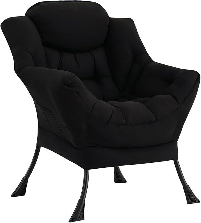 Lazy Chair Modern Soft Reading Chair Accent Contemporary Sofa Chair with Armrests and a Side Pocket for Bedroom Dorm &amp Office Black