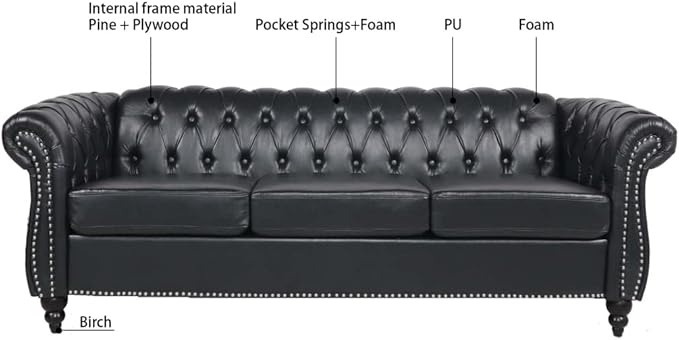84 Chesterfield Couch PU Leather Modern Rolled Arm Tufted Back 3 Seater Sofa Upholstery Nailhead Trim Couches for Living Room Office (Black)