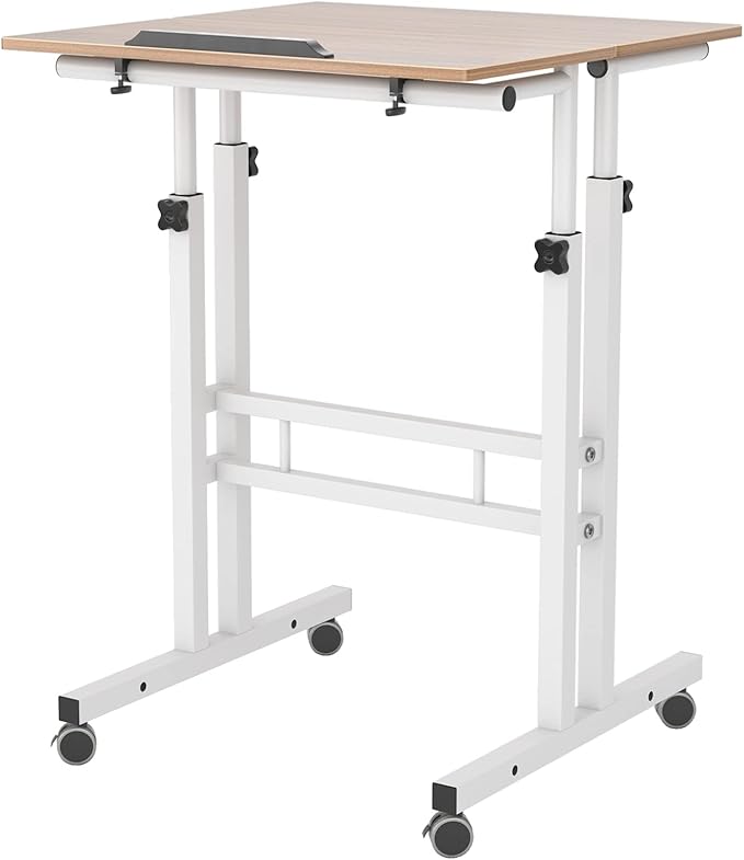 DlandHome Mobile Standing Desk Stand Up Desk Rolling Desk Stand Sit Desk Mobile Computer Desk Adjustable Standing Desk 23.6inches Table Workstation Mobile Desk Cart Tray Oak