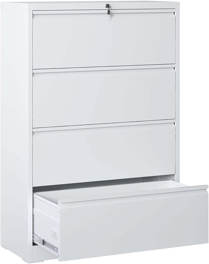 4 Drawer Small File Cabinet with Lock Locking Filing Cabinet for Home Office Under Desk Storage Cabinet Organizer with DrawersWhite