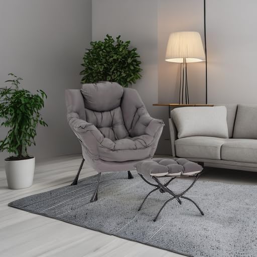 LITA Lazy Chair with Ottoman Modern Accent Leisure Upholstered Lazy Sofa Armchair Contemporary Lounge Reading Chair with Armrests and a Side Pocket for Living Room Bedroom &amp Small Space Dark G