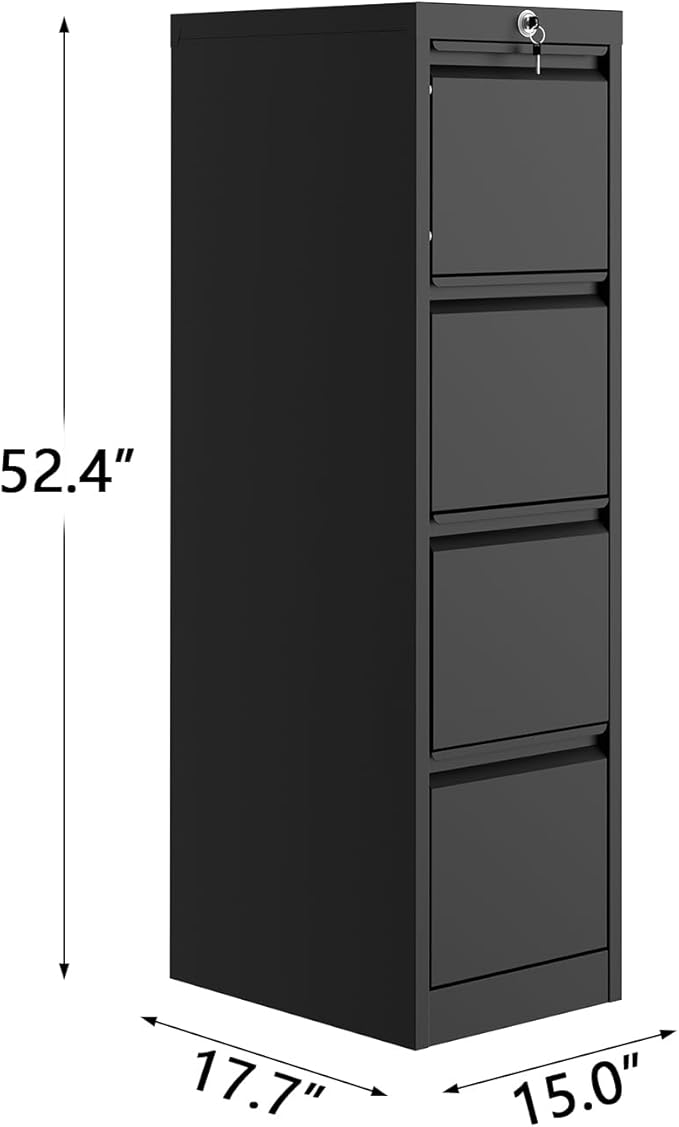 GarveeHome 4-Drawer File Cabinet with Lock - Heavy Duty Metal Filing Cabinet for Letter/Legal/A4/F4 Documents - Vertical Storage for Home Office Black