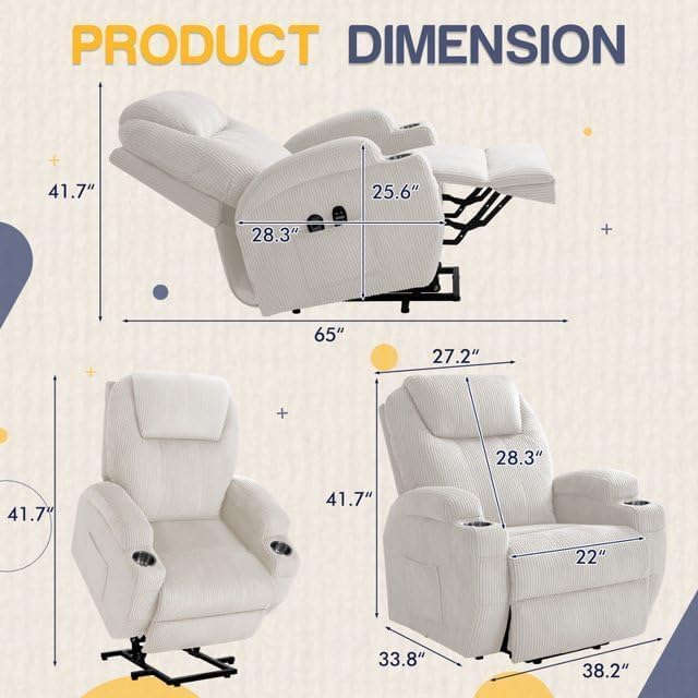 Furmax Electric Power Lift Recliner Chair with Massage for Elderly Corduroy Fabric Recliner Single Sofa with Cup Holders Side Pockets and Remote Control for Living Room Bedroom (White)