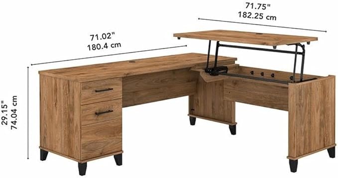 Pemberly Row 3 Position Sit to Stand L Shaped Desk 71W x 66D Engineered Wood Fresh Walnut Finish Lift-n-Lock System Wire Management File and Box Drawers Ergonomic Home Office Desk