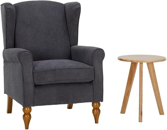 Upholster Accent Armchair &amp Side Table 2-Piece Set Chenille Vintage Style High-Back Reading Corner Sofa Chair and Coffee Table Set for Living Room Bedroom (Dark Grey)