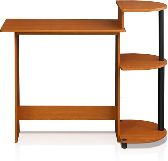 Furinno Compact Computer Desk with Shelves Round Side Light Cherry/Black