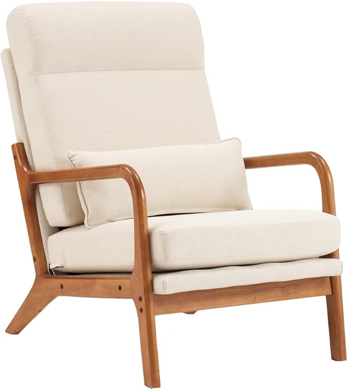 Accent Chair Modern Linen Upholstered Armchair Lounge Chair with Solid Wood Frame and 1 Pillow Comfy Single Sofa Chair Leisure Reading Chair with High Back &amp Armrest for Living Room Bedroom Off W