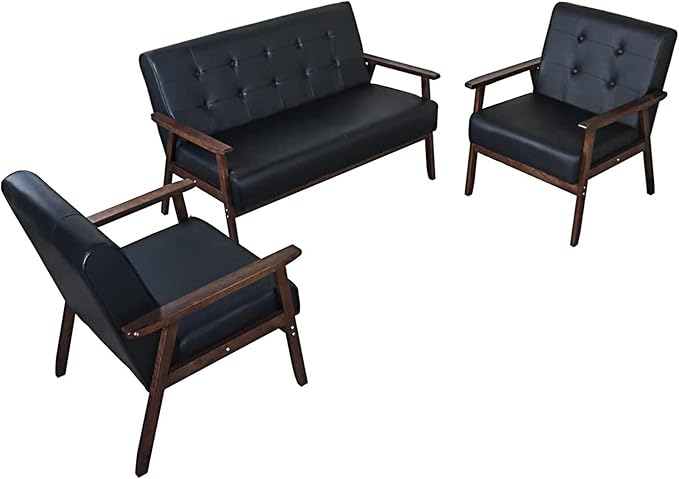 AODAILIHB Leather Sofa Couch Set 2 Accent Chairs &amp 1Loveseat Black Faux Leather Loveseats Mid Century Modern Office Couch for Small Space Waiting Room Living Room Furniture (3 Black)