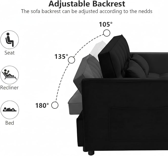 Loveseat Sleeper Sofa 3 in 1 Convertible Sofa Bed Adjustable Backrest Comfy Pull Out Couch Modern Upholstered Sofa for Living Room Bedroom Apartment Small Space (Black)