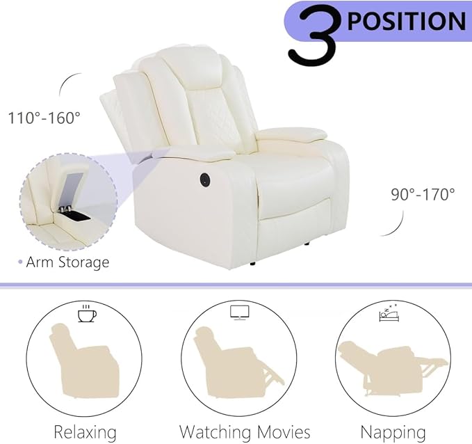 Oversized Recliner Chair Multifunction Power Leather Recliners with Home Theater Seating Oversized Single Electric Recliner Furniture for Living Room Apartment Home Theater White