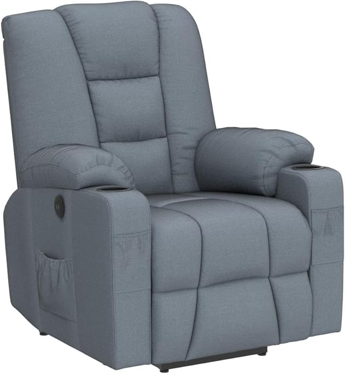 MEETWARM Power Lift Chair Electric Recliner for Elderly Heated Vibration Massage Soft Fabric Recliner Chair with 2 Remote Controls USB Ports Cup Holders &amp Side Pockets for Living Room (Gray-Blue