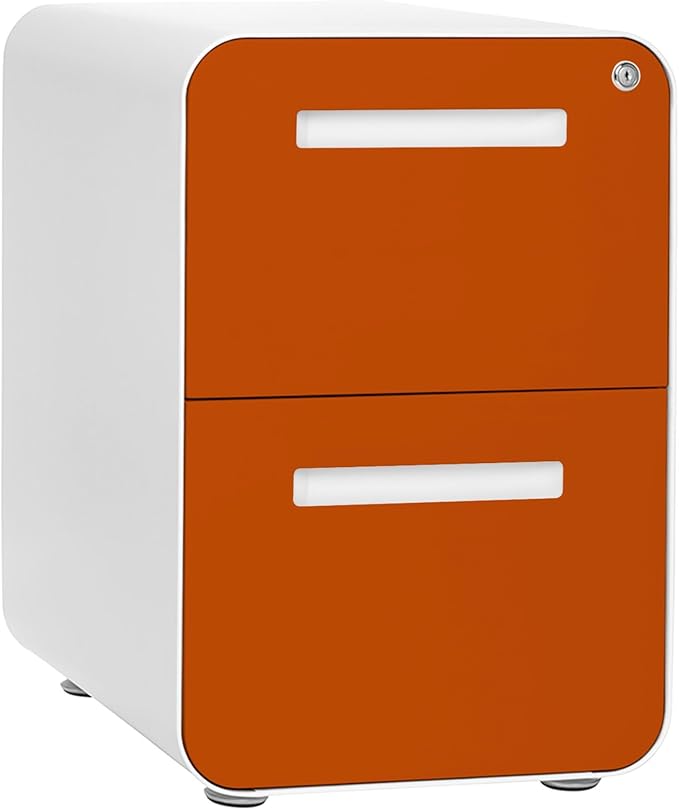 Laura Davidson Furniture Stockpile 2 Drawer Mobile File Cabinet with Lock - Under Desk Metal Filing Cabinet Legal/Letter File Folders Wheels and Stationary Feet Pre-Assembled White/Orange