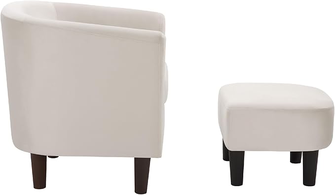 Velvet Accent Chair with Ottoman Modern Barrel Armchair Plush Lounge Chair for Living Room Bedroom Reading Nook 4 Colors (White)