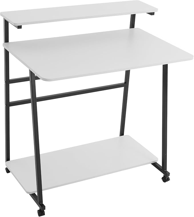 Small Office Mobile Computer Desk 3-Tier Laptop Table with Storage Shelves Tiny Computer Desk with Wheels for Home Office Bedroom Living Room Studio (White+Black)