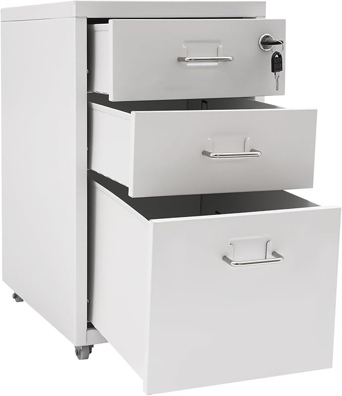 3-Layer Vertical File Cabinet Metal Mobile File Cabinet with Lock with Wheel White