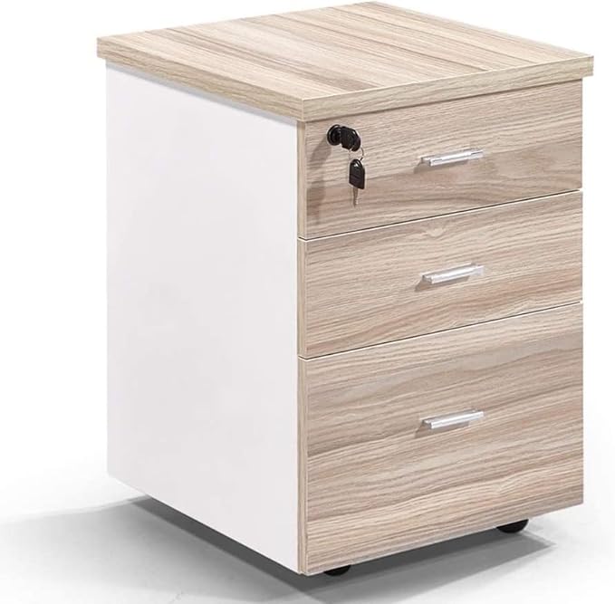 Wooden Office Filing Cabinet with Lock Three-Layer Drawer Movable Home Storage Cabinet Study Cabinet File Cabinet (C)