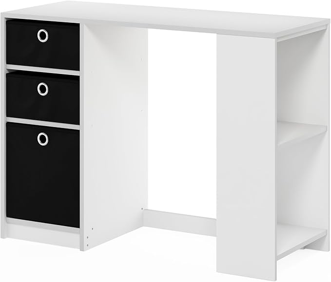 Furinno Jaya Desk 39.4 Wide Gaming Desk with Drawer Bins Computer Desk with Side Book Shelf Writing Desk Office Desk for Home Office Study Room Dorm Bedroom White