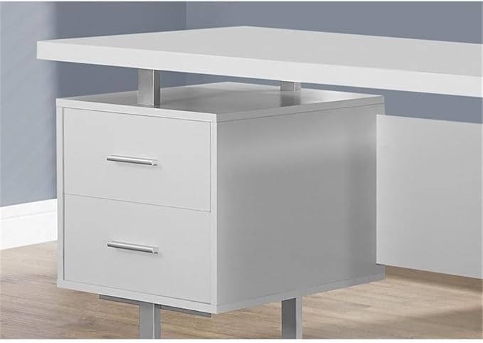 BOWERY HILL Computer Desk 60 Large Metal Frame White Finish 3 Storage Drawers Reversible Design Thick Floating Desktop Modern U-Shaped Legs Home Office Laptop or Writing Use