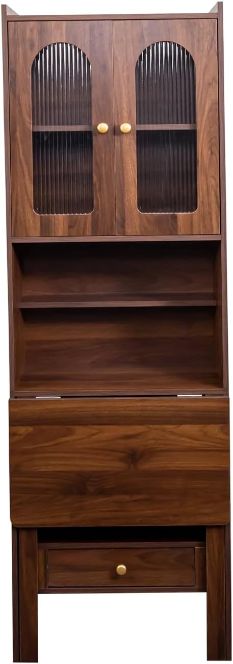 Hideaway Fold Out Home Office Desks Folding Desk with Storage Shelves &amp Drawers Convertible Murphy Desk Cabinet with Bookcase for Small Space Work Study Room (Walnut)