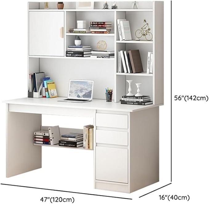 LITFAD Modern Computer Desk Work from Home Desk with Hutch Bookcase and Integrated Cable Management Rectangular Wood Office Desk 3 Drawers White 47 L x 16 W x 56 H