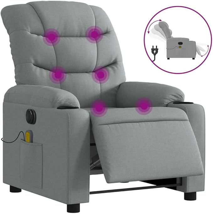 Electric Massage Recliner Chair Light Grey Polyester Fabric Metal Plywood Adjustable Living Room Comfy Relaxation
