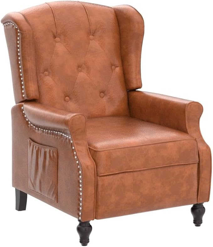 Wingback Recliner Chair with Massage and Heat Tufted PU Leather Push Back Recliner Chair for Living Room Vintage Wingback Chair with Remote Control Padded Cushion Backrest Wooden Legs