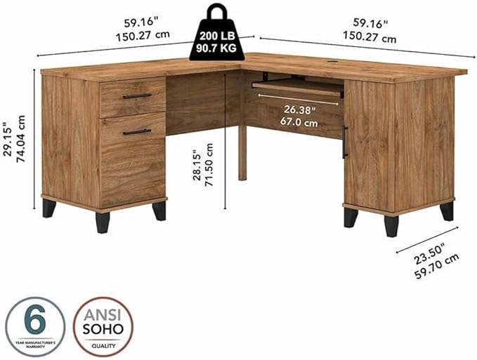 Pemberly Row 60W L Shaped Desk with Storage Engineered Wood Fresh Walnut Finish Adjustable Shelves File Drawer Keyboard Tray Home Office Corner Desk for Computer and Supplies Organization