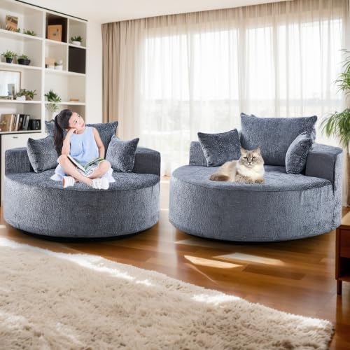 Oversized Round Chaise Lounge Chair Indoor 55'' Chenille Deep Seat Circle Single Floor Sofa Chairs Modern Upholstered Sponge Armchair Cloud Sleeper Chair for Living Room Bedroom Apartment Gray