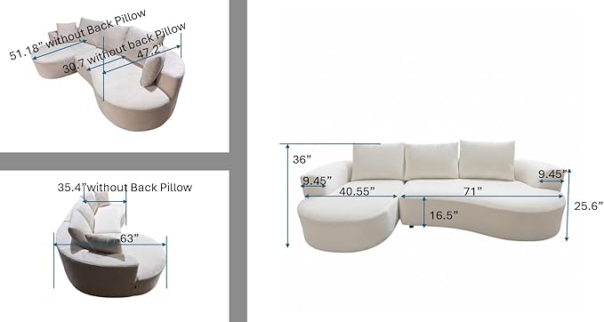 ERYE Oversized Curved Tight Backrest Sofa Floor Boneless Modular Foam Sofa Couch with Left Facing Chaise Lounge and 5 Pillows Corduroy Upholstered No Assembly Required