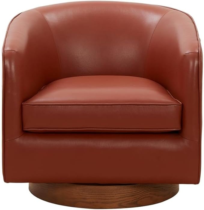 Pemberly Row Swivel Barrel Accent Chair Caramel Top Grain Leather Wood Base 28.5 W x 28.75 D x 28 H Comfortable Pocket Coil Seat Durable Upholstery Stylish Design for Living Room or Office