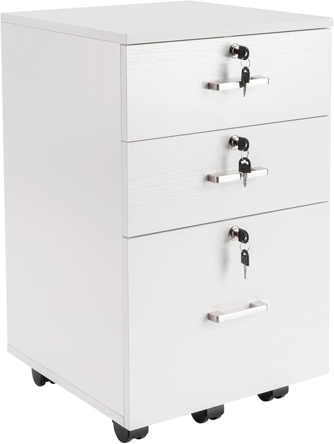 3-Drawer Wooden Filing Cabinet with Lock Printer Stand Office Mobile Storage Cabinet for Home and Small Office Use (White)