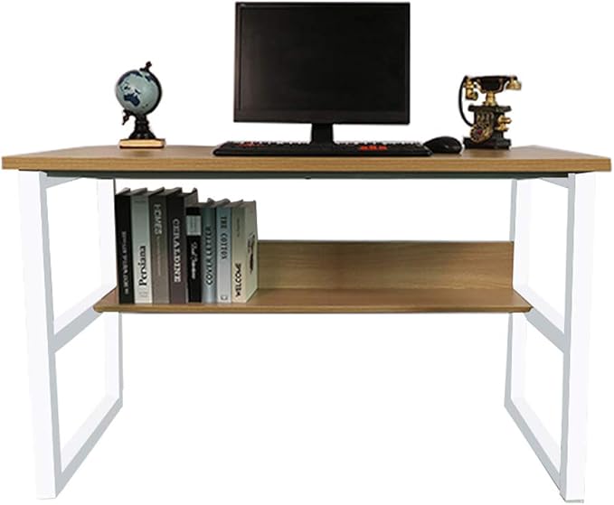 Wooden 43in Computer Desk with Storage Shelf and Metal Stand Modern PC Laptop Workstation Study Table at Home Office Table (Oak)