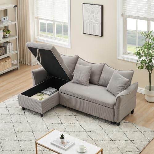 80'' Convertible Sectional Sofa Couch 3 Seat L Shaped Sleeper Sofa Bed with Pillows and Storage Chaise Pull Out Couch Bed Modern Corduroy Small Couches Futon for Living Room Apartment (Gray)