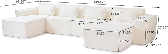 JACH U-Shaped Cloud Sectional Couch 149 Huge Plus Modular Sofa Modern Comfy Sectional Couches with Reversible Chaise Ottoman Sofas Furniture for Living Room Office Apartment Beige