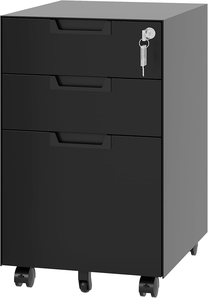 3 Drawer Vertical File Cabinet Mobile Filling Cabinets with Lock for Legal/Letter Size Pre-Built Office Storage File Cabinet with Wheels Under Desk - Fully Assembled