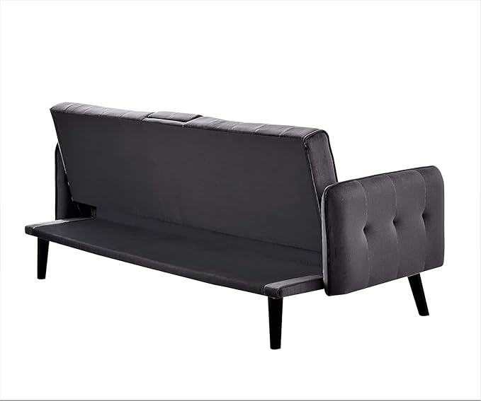 Container Furniture Direct 72 Velvet Convertible Sofa Bed with Cup Holders Tufted Folding Futon Sleeper Couch Mid-Century Modern 3 Seater for Small Spaces 72 L x 34.6 D x 31 H Grey