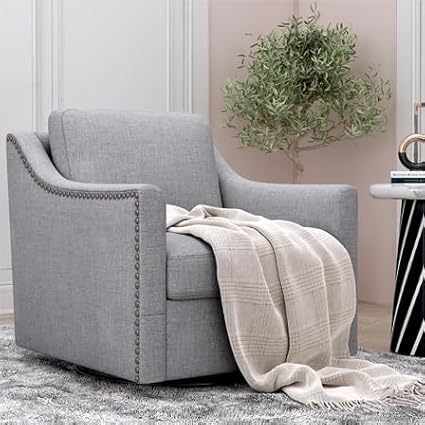 360 Degree Swivel Armchair Cotton Linen Skin Friendly Fabric Ergonomic Design Brass Nail Decorative Armchair Living Room Chairs Bedroom Chairs Living Room Chairs Black Legs Suitable for Indoor Homes