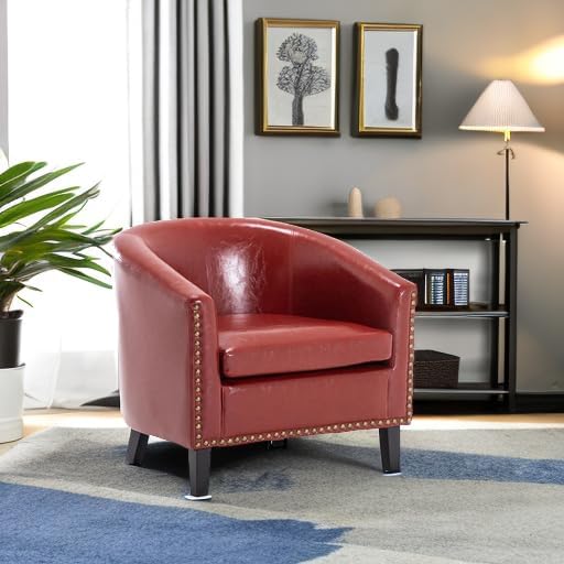 BELLEZE Accent Barrel Chair Modern Tub Club Chair Upholstered Armchair for Living Room Faux Leather Chair with Gold Nail Head Trim Black Legs - Kyara (Red)
