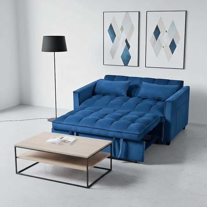 Modern Velvet Sofa Bed with 3-Level Adjustable Backrest &amp Included Pillows Pull Out Convertible Sleeper Chair with High Density Foam for Small Spaces (Blue)