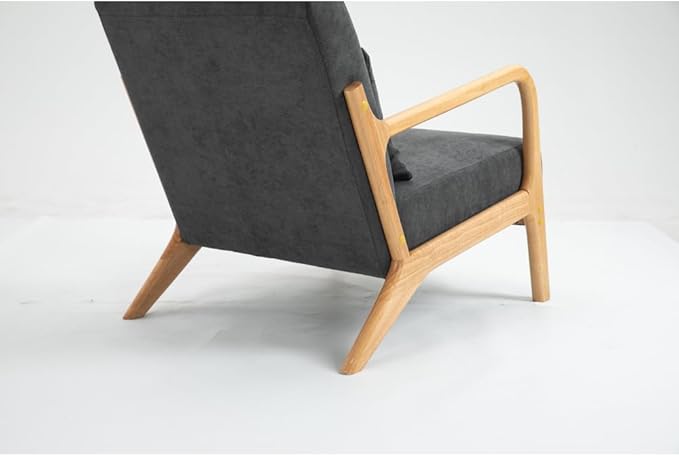 Mid Century Modern Accent Chair with Wood Frame Upholstered Living Room Chairs with Waist Cushion Reading Armchair for Bedroom Sunroom (Grey + Velvet + Cotton)