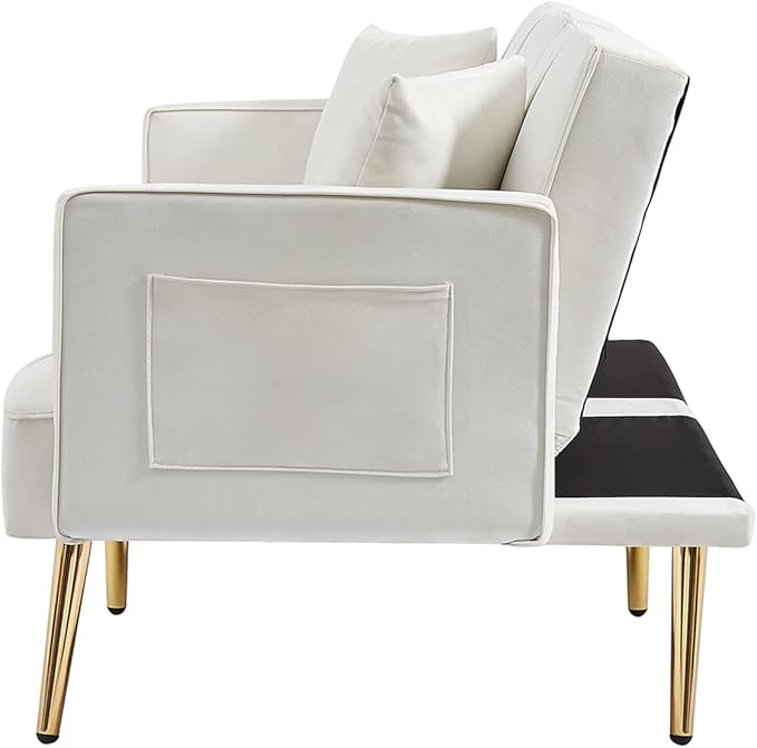 Futon Sofa Bed Modern Linen Fabric Couch Bed Loveseat Convertible Daybed with 2 Cup Holders and Removable Armrests for for Compact Living Space Apartment Dorm Office (18white)