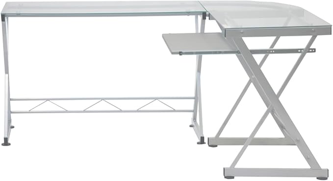 L-Shaped Writing Desk Computer Desk with Clear Tempered Glass Top Reversible Corner Design Pull-Out Keyboard Tray Scratch-Resistant Steel Frame for Home Office or Study