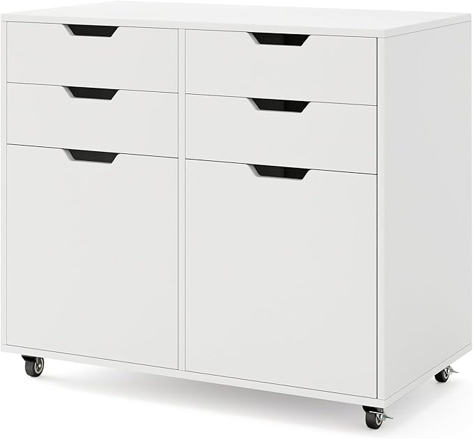 White File Cabinet with 4 Drawers and 2 Doors Under Desk Mobile Storage Organizer Wooden Printer Stand on Wheels 29 Lateral Filing Cabinet for Home Office Living Room