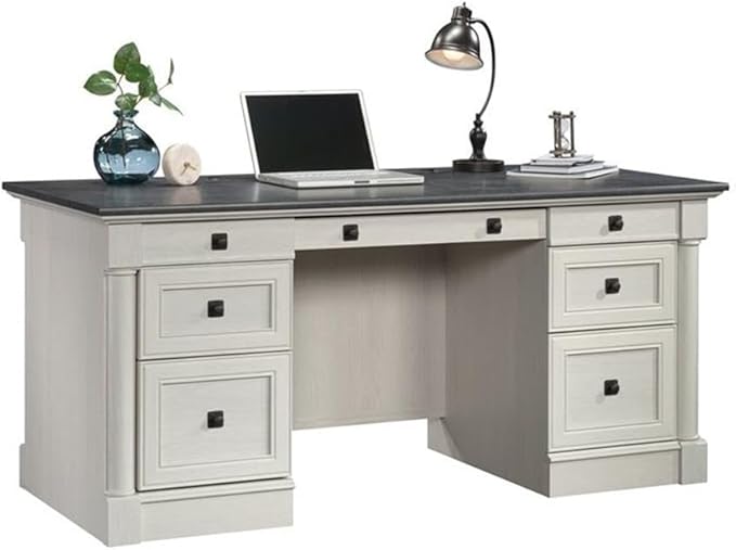 Sauder Palladia Office Desk with Drawers Executive Desk with File Cabinet Storage Cable Management Keyboard Tray in Glacier Oak Finish