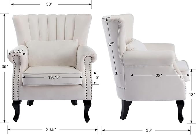 Kmax Cream Accent Chair Velvet Wingback Chair with Pillow Nail-Head Channel Tufted Oversized Club Chair for Living Room Bedroom Guest Room