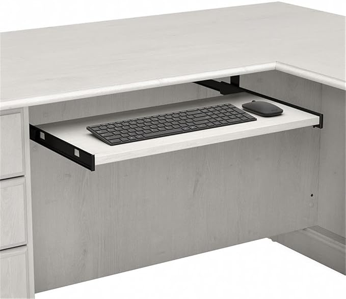Pemberly Row L Shaped Computer Desk 66W x 72D x 30H Linen White Finish Built-in Storage with File Drawers Retractable Keyboard Tray Traditional Style Home Office Workspace