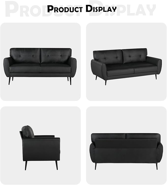 60 Loveseat Sofa for Living Room Mid Century Mini Black Couch Tufted Leather Love Seat Furniture Comfy Office 2 Seat Small Couches for Small Spaces Bedroom Apartment